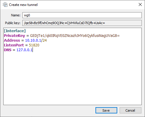 WireGuard new tunnel dialog on Windows DC01 showing the Interface section with Address 10.10.0.1 and ListenPort 51820